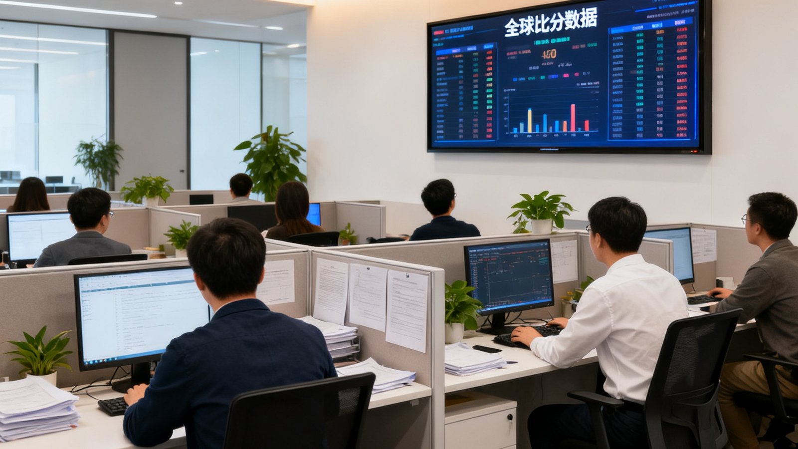 500比分公司办公室内景，开放式工位上十几名员工专注工作，墙面大屏幕实时显示全球比分数据